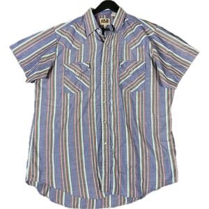 Ely Cattleman Mens Western Shirt L Blue Striped Pearl Snap Short Sleeve Vintage